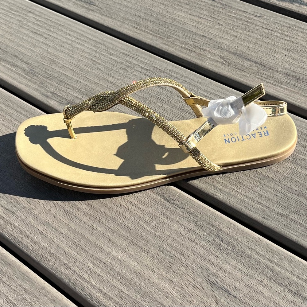 Kenneth Cole Reaction; 'Whitney' Cream/Tan; Gold Rhinestone; Sandals; NWT: 9.5M - Picture 5 of 12